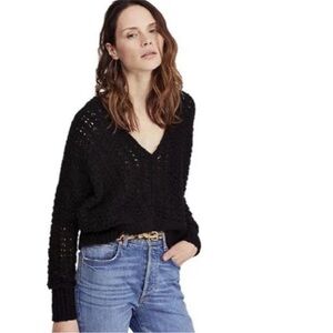 Free People‎ Best of You Black Open Knit Sweater V-Neck Dolman Sleeve Size Large